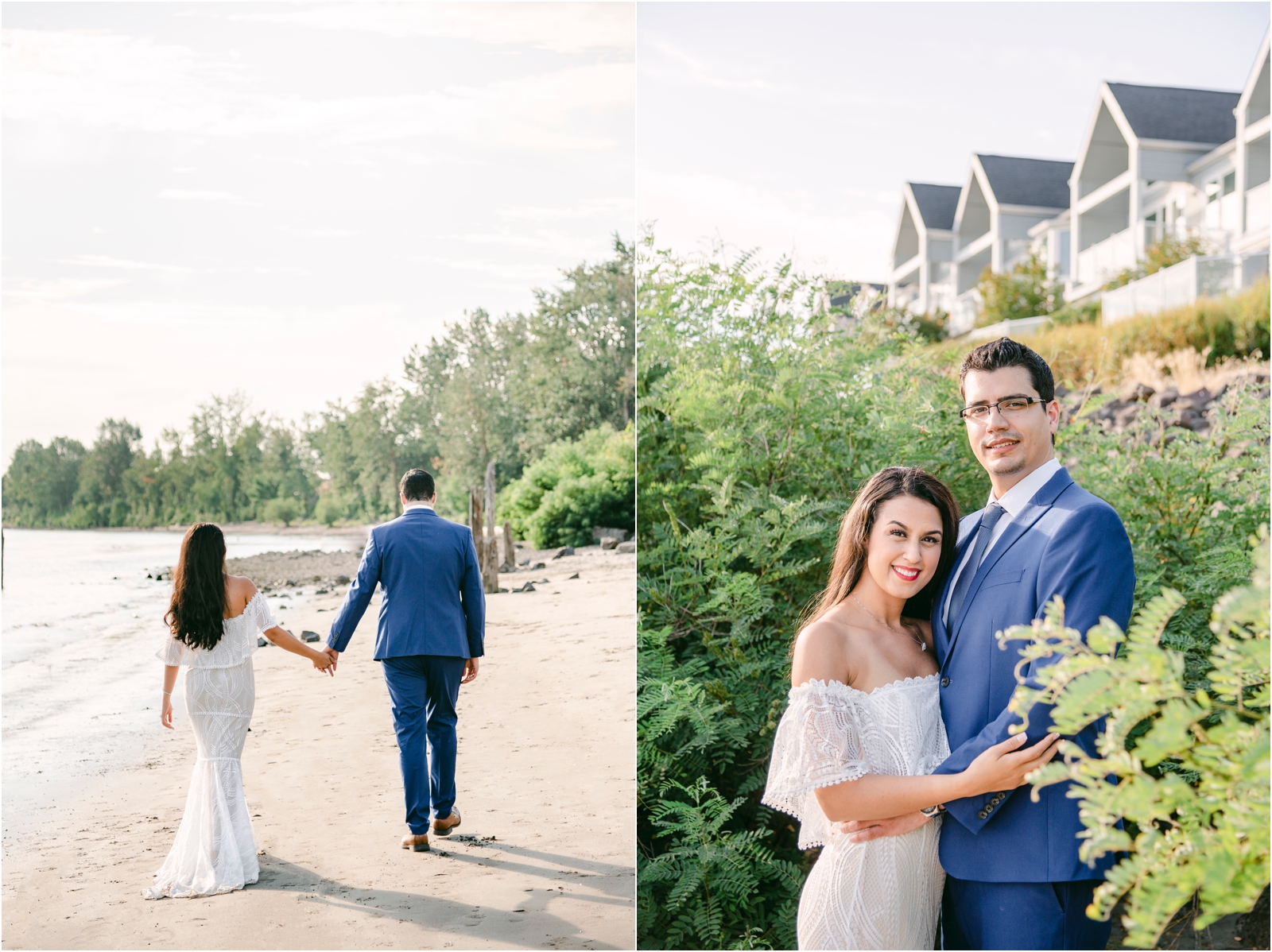 Couple with arm around each other in dressy outfits for their engagement photos in Portland.