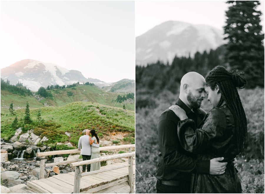 Couple admiring the view of Mt Rainier at their engagement session.