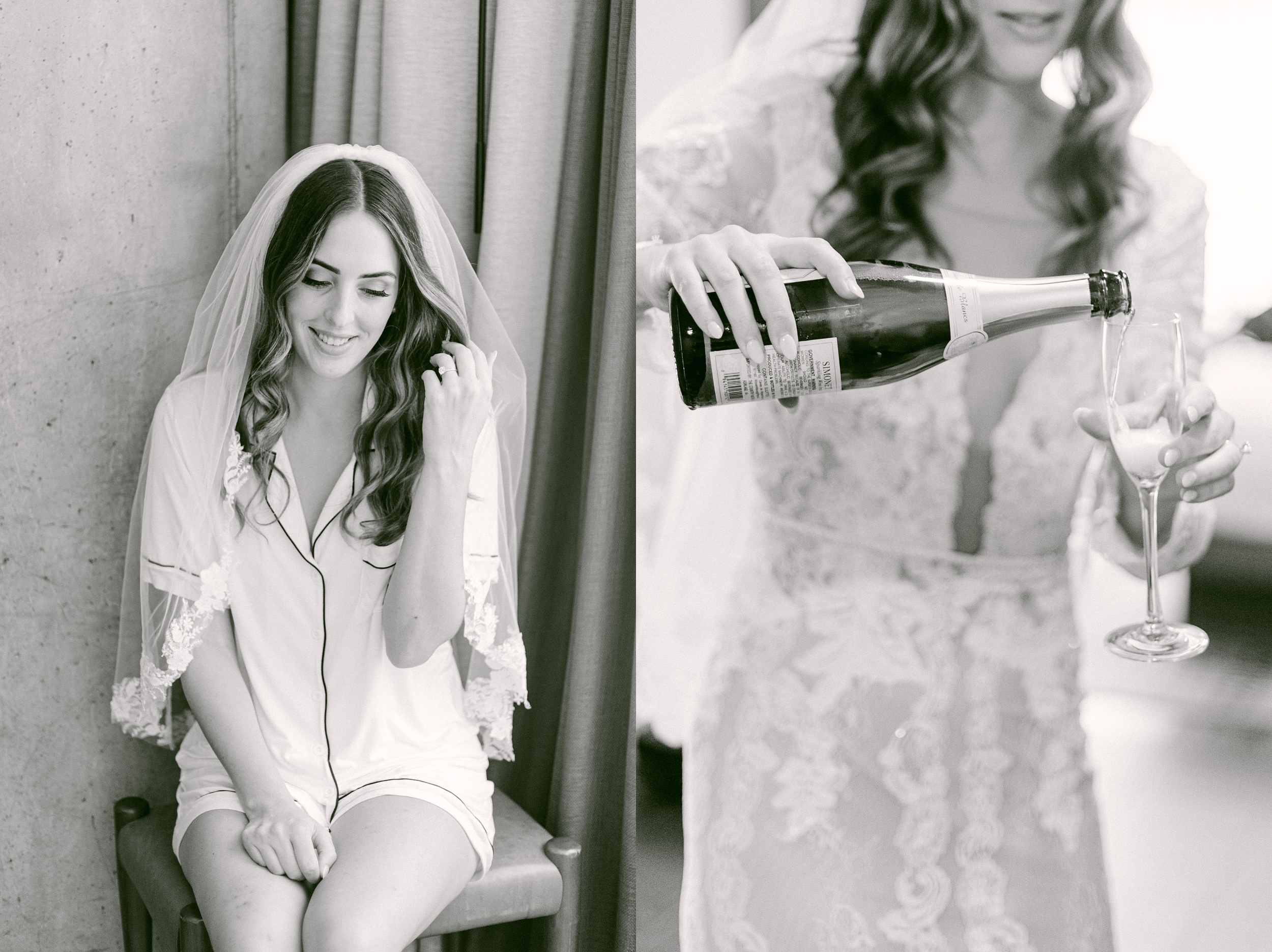 Seattle Washington, The Sound Hotel. Photo on the left is a sitting shot of the bride getting ready for her wedding day in her soft pajamas. Hair and makeup is done. Photo on the right is bride pouring champagne for herself to soothe first look nerves.
