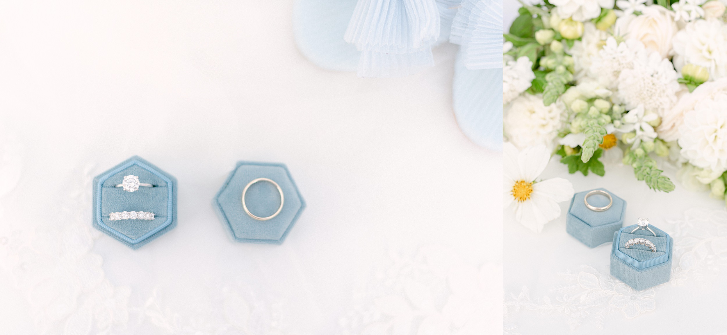 Fine Art Weddings in Seattle, The Sound Hotel. On the left in a light blue ring box on the bride's veil lace and her blue Loeffler Randall shoes peek out on the side of the image. On the right side, the rings and ring box are next to the bridal bouquet.
