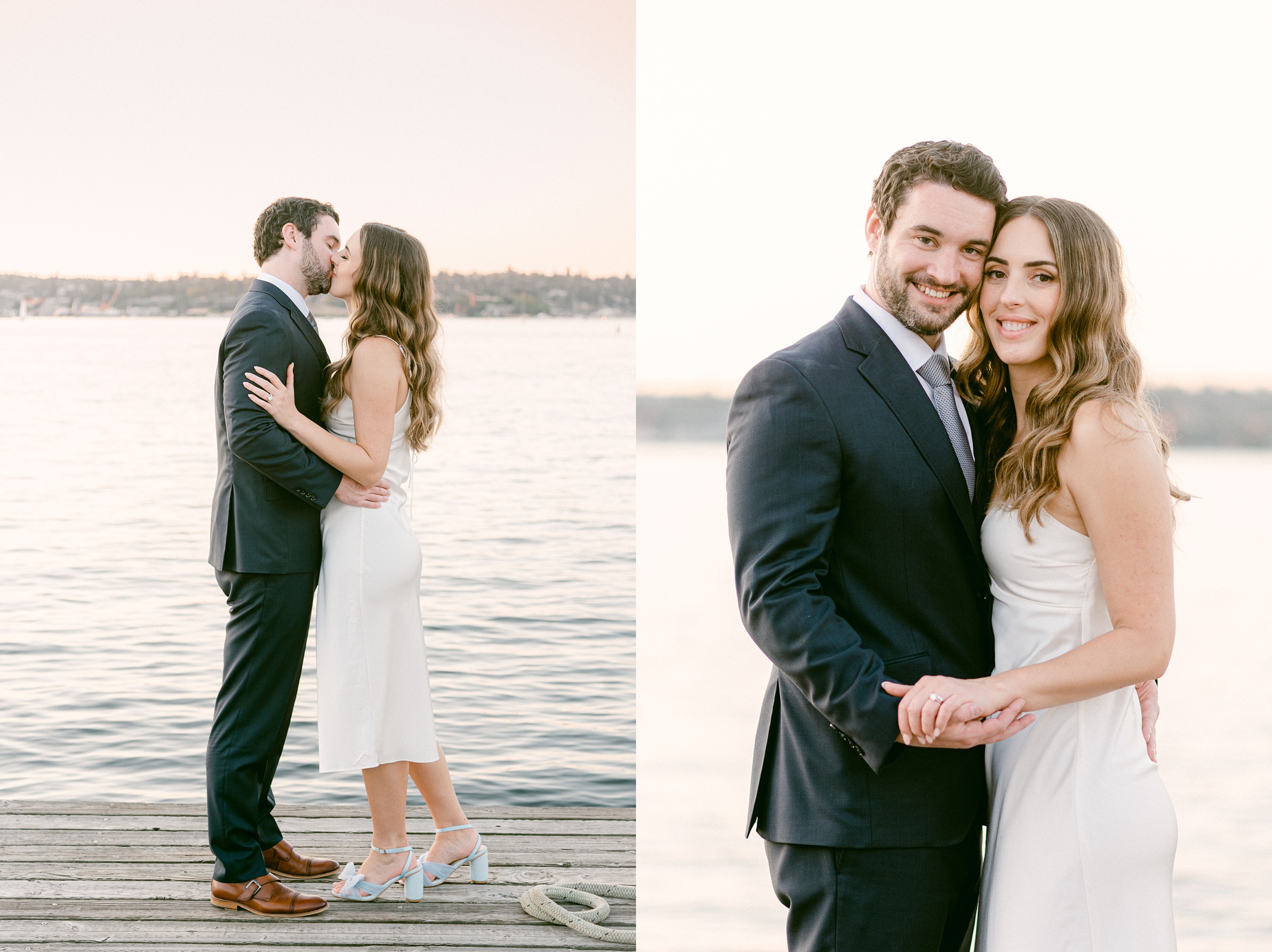 Fine Art Weddings in Seattle Washington. The Center for Wooden Boats, bride and groom at the end of the dock taking couples' portraits. The sun has set and the lighting is soft. They are smiling and have a post-wedding glow. Loeffler Randall Shoes make another appearance.