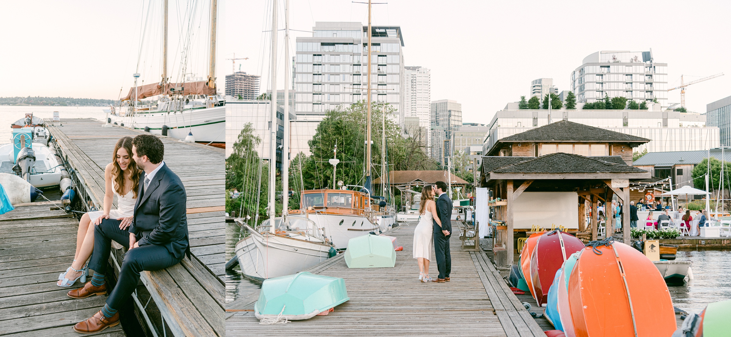 Fine Art Weddings in Seattle Washington. The Center for Wooden Boats, bride and groom at the end of the dock taking couples' portraits. The sun has set and the lighting is soft. They are smiling and have a post-wedding glow. Loeffler Randall Shoes make another appearance. The cityscape is in the background along with the wedding venue.
