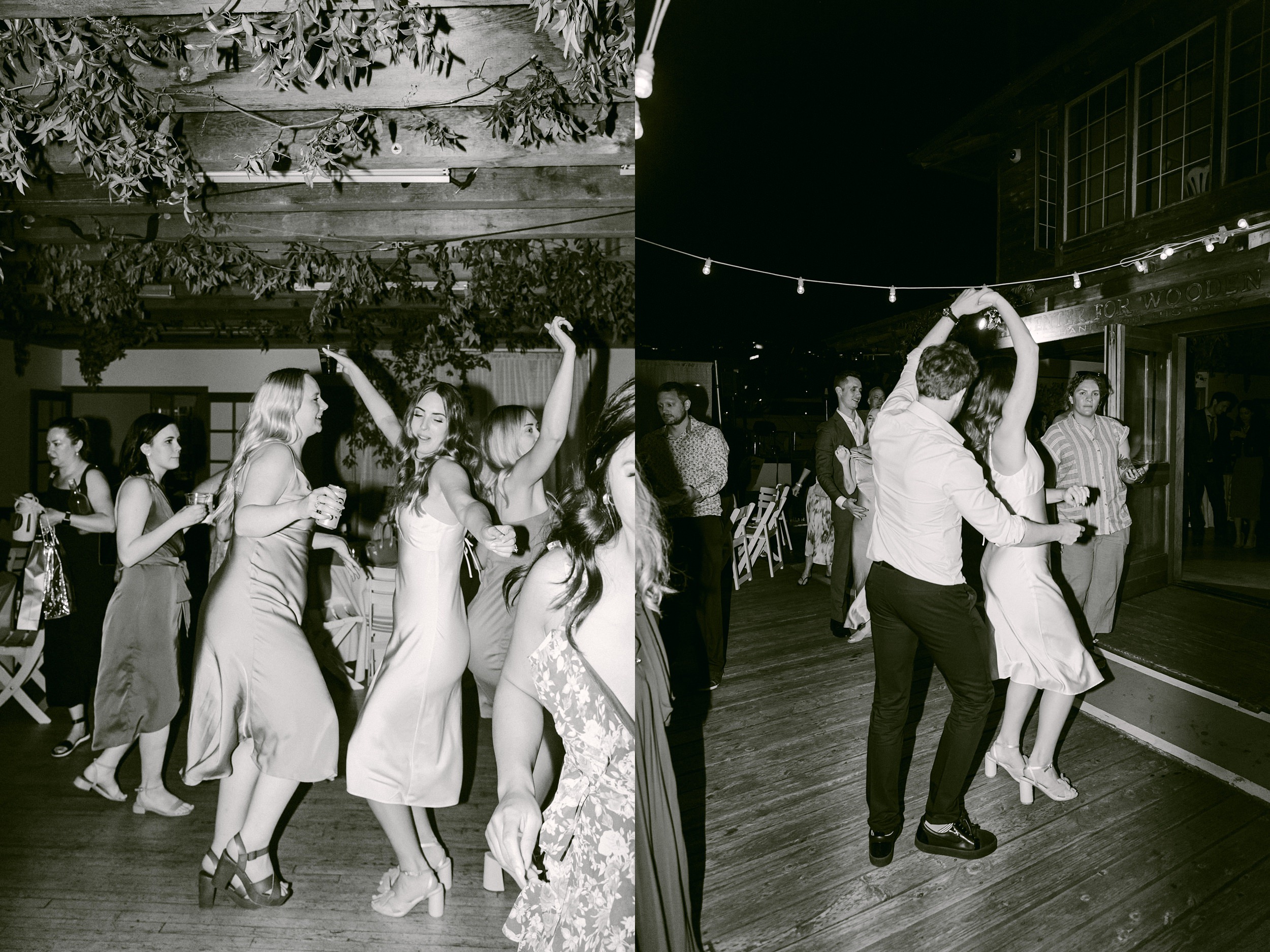 Fine Art Weddings in Seattle Washington. The Center for Wooden Boats, the bride enjoys herself with her guests, both photos with a direct flash and people dancing all around. Both photos are black and white.